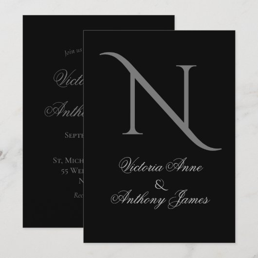 Elegant Black Monogram Initiaal Wedding Kaart (Voorkant / Achterkant)