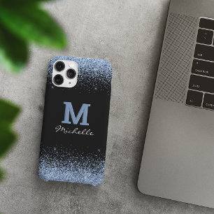 Elegant Black Monogram Light Blue Glitter iPhone 12 Hoesje