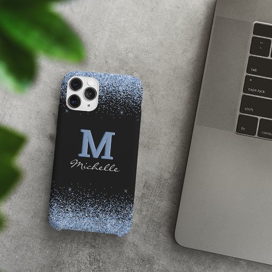 Elegant Black Monogram Light Blue Glitter Case-Mate iPhone Case