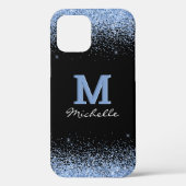 Elegant Black Monogram Light Blue Glitter Case-Mate iPhone Case (Achterkant)