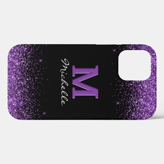 Elegant Black Monogram Paars Glitter Case-Mate iPhone Case (Achterkant (horizontaal))