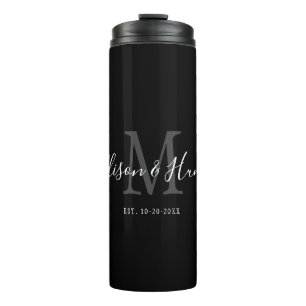 Elegant Black Monogram Pas getrouwd Wedding Thermosbeker