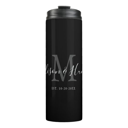 Elegant Black Monogram Pas getrouwd Wedding Thermosbeker (Voorkant)