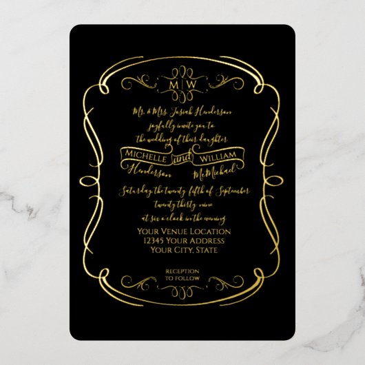 Elegant Black n Gold Foil Scrolls Weddenschap Folie Uitnodiging (Voorkant)
