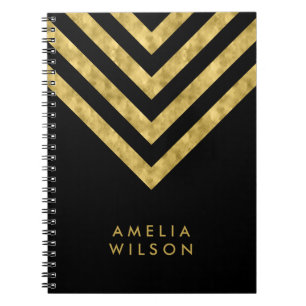 Elegant Black Name Faux Gold Chevron Pattern Notitieboek