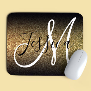 Elegant Black Ombre Gold Glitter Monogram Muismat