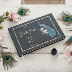 Elégant Black Peacock Photo Mariage Livre d'invité