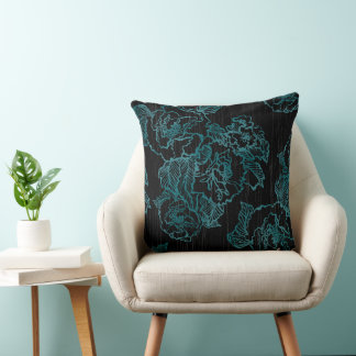 Elégant Black Peonies Coussin Floral Turquoise