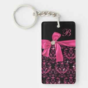 Elegant Black Pink Damask Diamond Bow Monogram Sleutelhanger