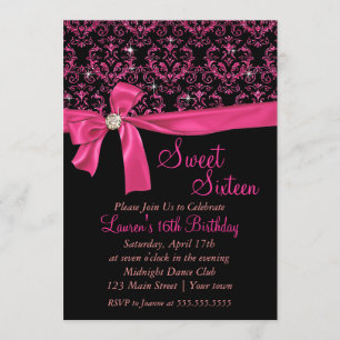Elegant Black Pink Damask Sweet Sixteen Party Kaart