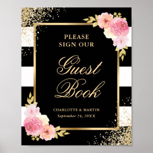 Elegant Black Pink Floral Wedding Guest Book Sign Poster