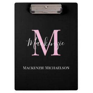 Elegant Black Pink Persoonlijke Monogram naam Klembord