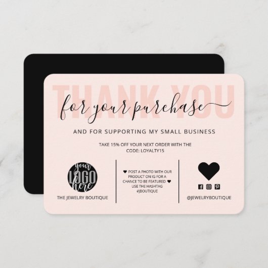 Elegant Black Pink Script Logo Klant Dank u Bedankkaart (Voorkant / Achterkant)