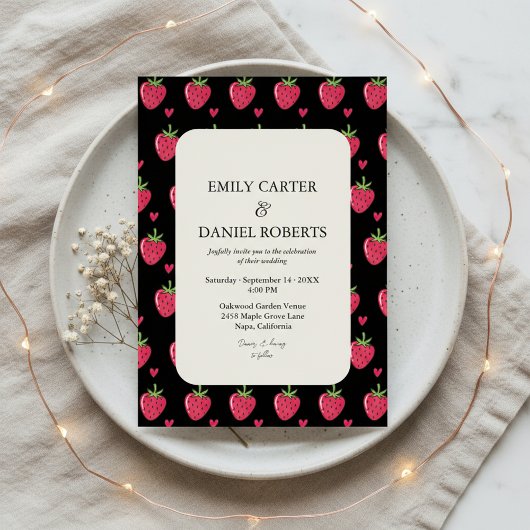 Elegant Black & Pink Strawberry Wedding Invitation