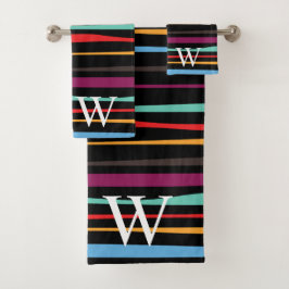Elegant black purple and yellow stripes monogram bad handdoek