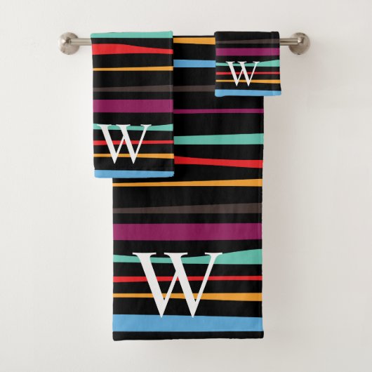 Elegant black purple and yellow stripes monogram bad handdoek (Insitu)