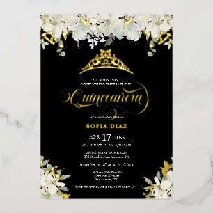 Elegant Black Quinceañera Floral Gold Folie Uitnodiging