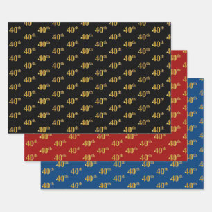 Elegant Black, Red, Blue, Faux Gold 40th Event # Inpakpapier Vel