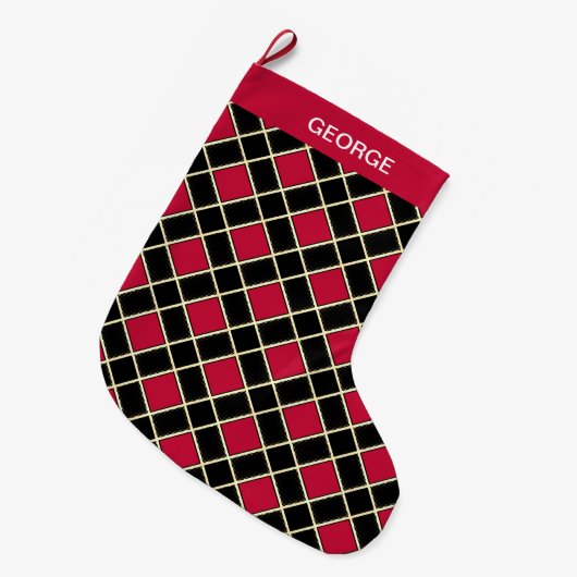 Elegant Black & Red Diamond Pattern Grote Kerstsok (Voorkant (Hangend))