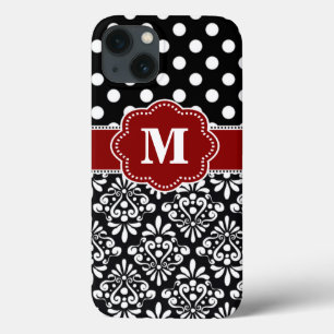 Elegant Black Red Dot Damask Monogram Hoesje