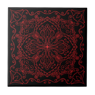 Elegant Black Red Flowers Butterfly Decoratief Tegeltje