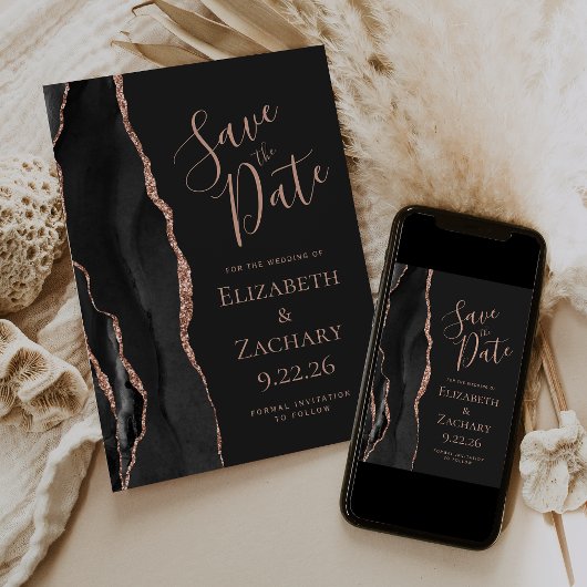 Elegant Black Roos Gold Agate Save the Date Kaart