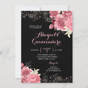 Elegant Black Roos Gold Floral Quinceañera Kaart