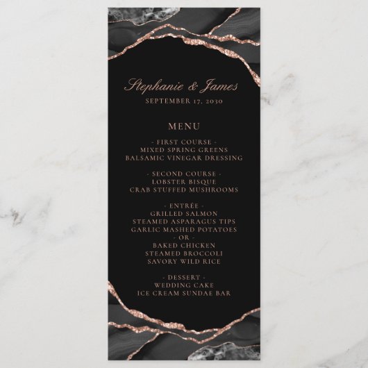 Elegant Black Roos Gold Foil Agate Wedding Menu (Voorkant)