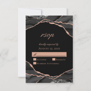 Elegant Black Roos Gold Foil Agate Wedding RSVP Kaartje