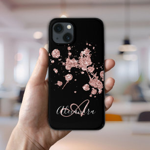 Elegant Black Roos Gold Glitter Sparkles Monogram iPhone 13 Hoesje