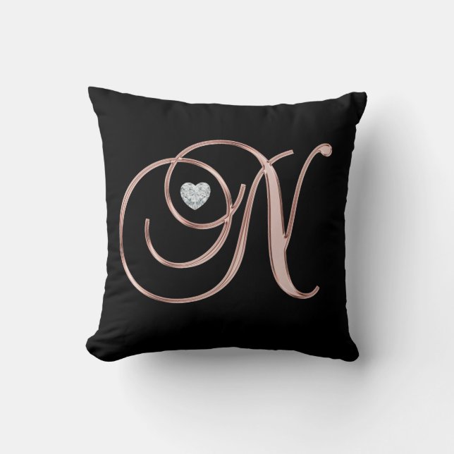 Elegant Black Roos Gold Monogram Letter 'N ' Kussen (Voorkant)