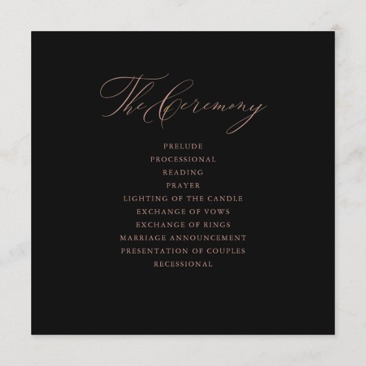 Elegant Black Roos Gold Script Typography Weddensc Programma (Achterkant)