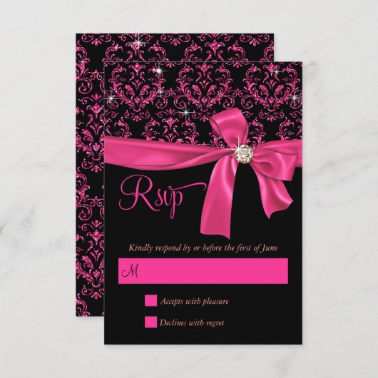 Élégant Black Rose Damask Sweet sixteen Party RSVP (Devant / Derrière)