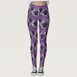 Elegant Black Roses With Silver Leaves Leggings