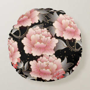 Elegant Black & Roze Chinese Flowers Round Pillow Rond Kussen