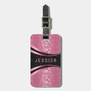 Elegant Black & Roze Floral DamasPatroon Bagagelabel