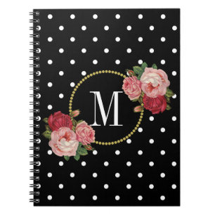 Elegant Black  Rozen Flowers Stippen Monogram Notitieboek