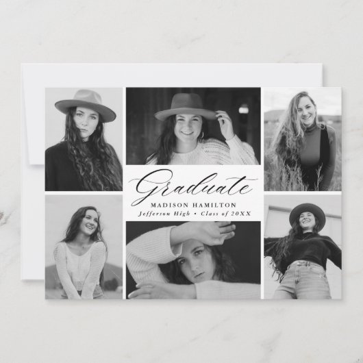 Elegant Black Script 6 Photo Collage Afstuderen Aankondiging (Voorkant)