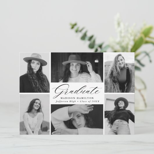 Elegant Black Script 6 Photo Collage Afstuderen Aankondiging (Staand voorkant)