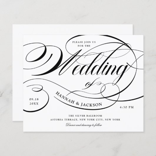 Elegant Black Script Budget Weduwen Uitnodiging (Voorkant / Achterkant)