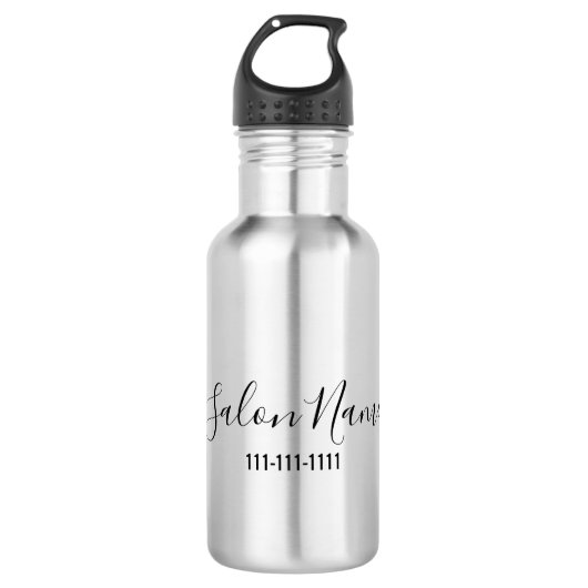 Elegant Black Script Business Salon Name Number Waterfles (Voorkant)