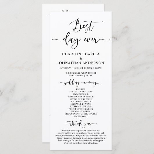 Elegant Black Script, Ons Wedding Ceremonieprogram Programma (Voorkant / Achterkant)