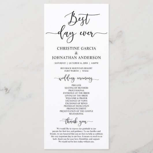 Elegant Black Script, Ons Wedding Ceremonieprogram Programma (Voorkant)