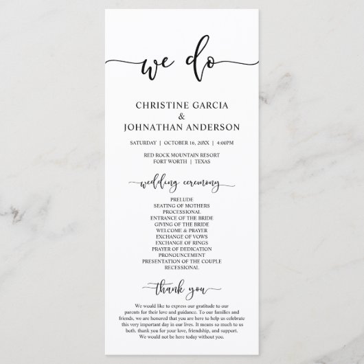 Elegant Black Script, Ons Wedding Ceremonieprogram Programma (Voorkant)