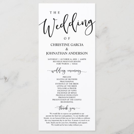 Elegant Black Script, onze huwelijksceremonie Programma (Voorkant)