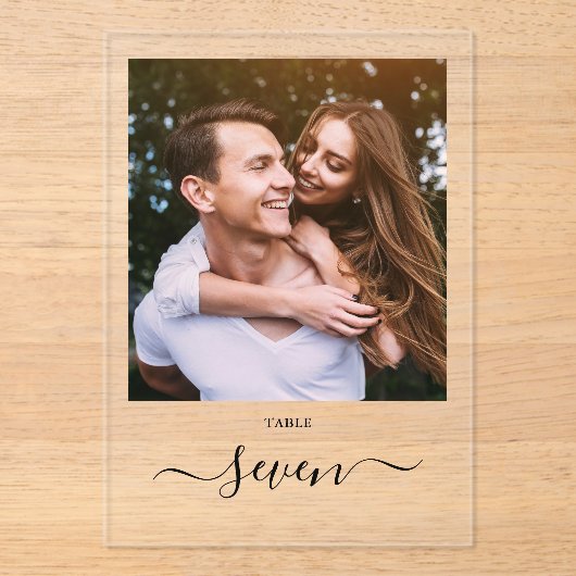 Elegant Black Script Photo Table Number Acryl Uitnodigingen (Voorkant)