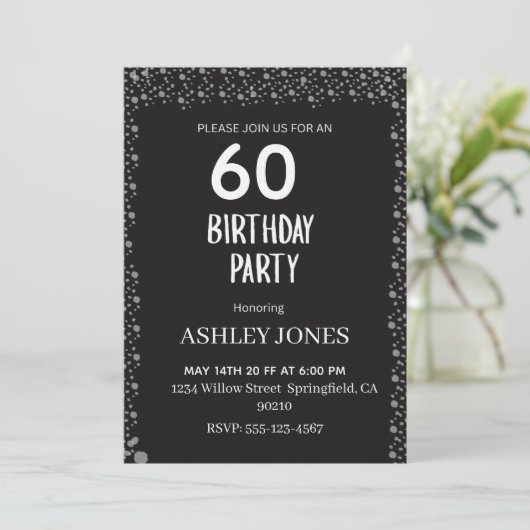 Elegant Black Script Silver Birthday Invitation (Debout devant)