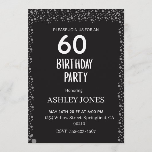 Elegant Black Script Silver Birthday Invitation Kaart (Voorkant)