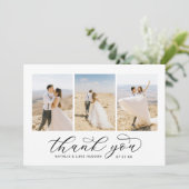 Elegant Black Script Specialized 3 Photo Wedding Bedankkaart (Staand voorkant)