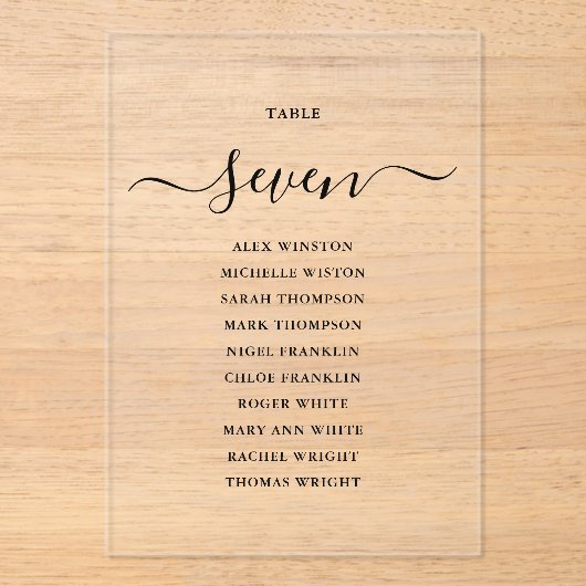 Elegant Black Script Table Number (Zitdiagram) Acryl Uitnodigingen (Voorkant)